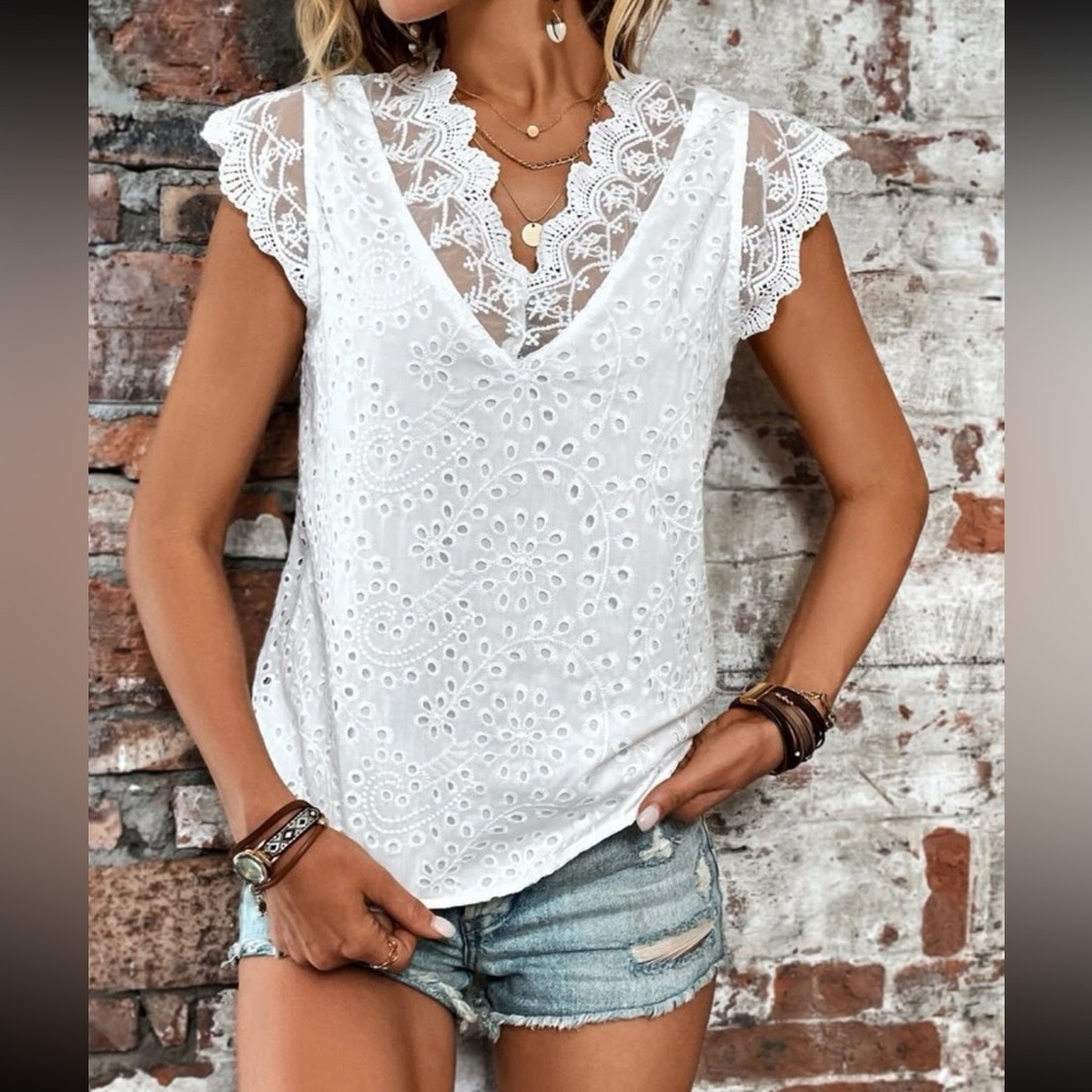 White eyelet Floral Sheer Lace Back Tie Top Blouse Shirt Boho - Picture 5 of 7